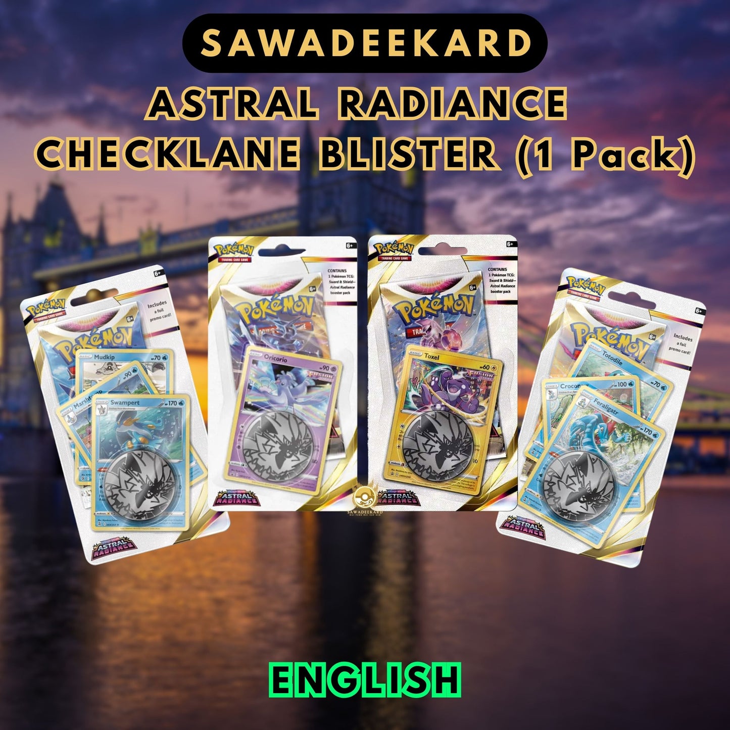 Pokemon TCG Astral Radiance Checklane Blister Pack featuring 1 Astral Radiance booster pack, promo card and collectible Pokemon coin