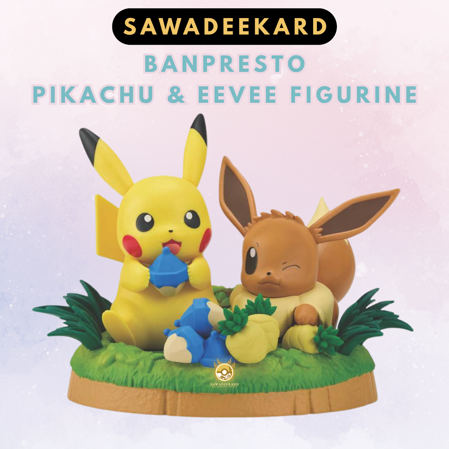 BANPRESTO Pikachu and Eevee Pokémon figure collectible displayed together
