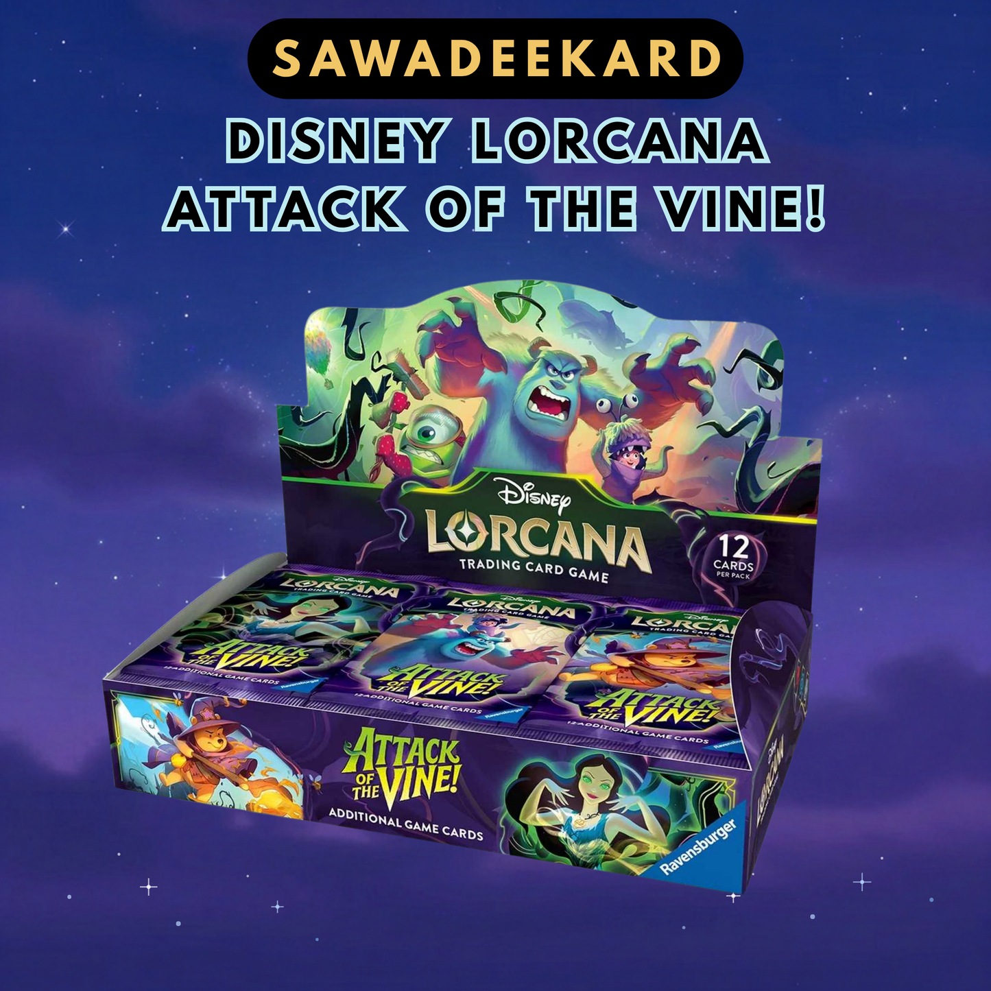 Disney Lorcana Attack of the Vine Set 13 booster box and booster packs featuring Pixar characters and Iconic chase cards