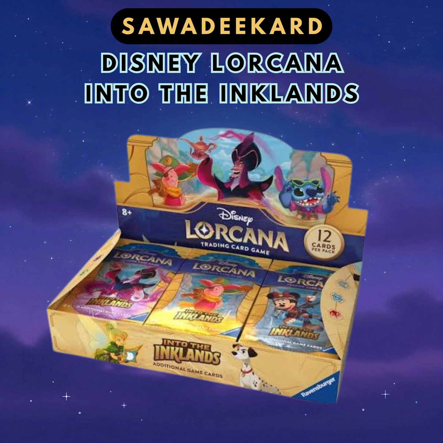 Disney Lorcana Into the Inklands Set 3 booster box and booster packs featuring Mickey Mouse Robin Hood Scrooge McDuck and Enchanted cards