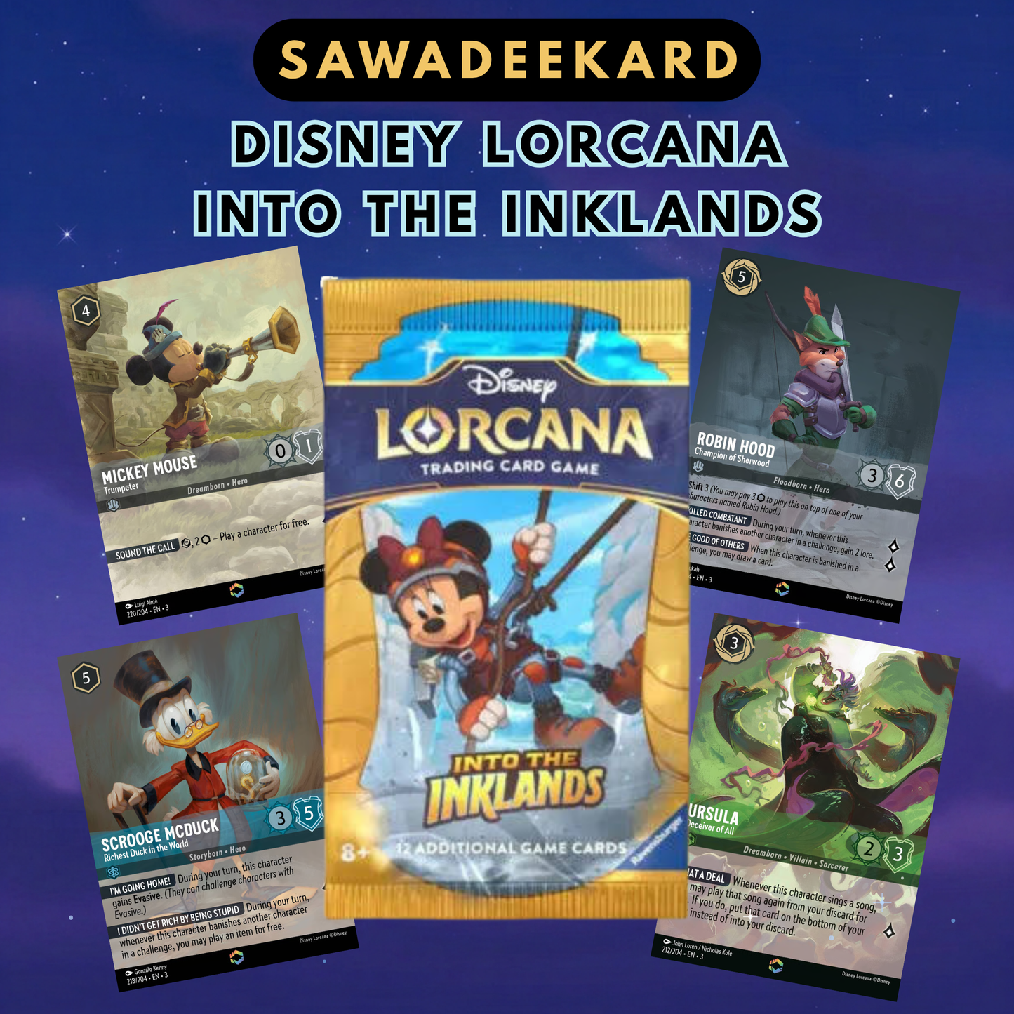 Disney Lorcana Into the Inklands booster pack containing 12 random cards from Set 3