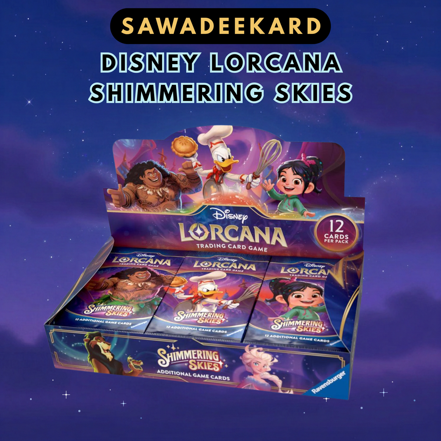 Disney Lorcana Shimmering Skies Set 5 English booster box with 24 packs featuring Mufasa and Enchanted chase cards