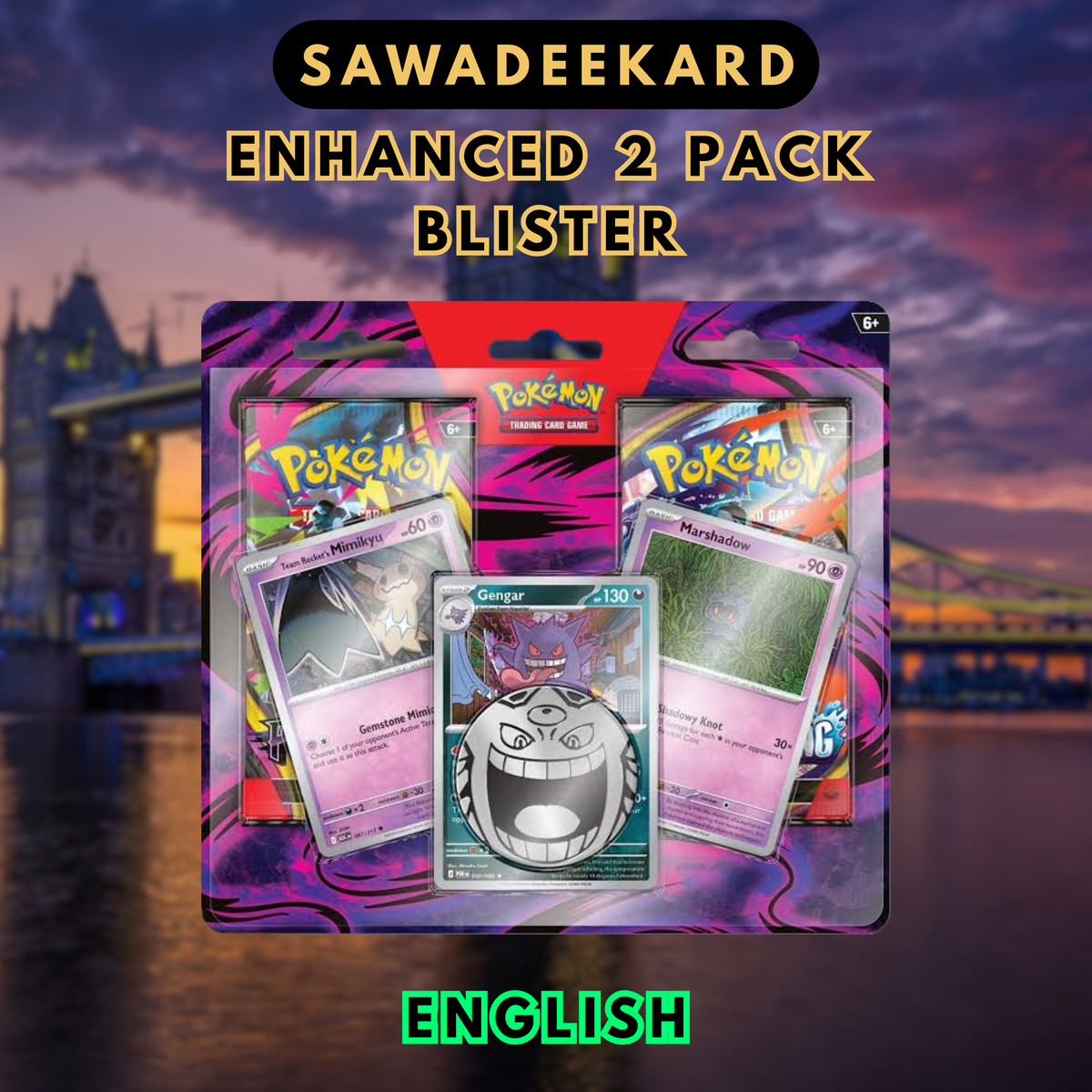 Pokémon TCG Gengar Enhanced 2-Pack Blister with Pitch Black and Chaos Rising booster packs, 3 Cosmos Holo cards and Mega Gengar coin