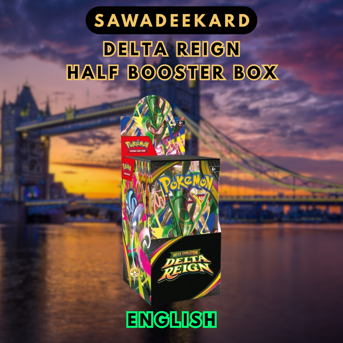 English Pokémon TCG Mega Evolution Delta Reign half booster box containing 18 booster packs featuring Mega Rayquaza ex