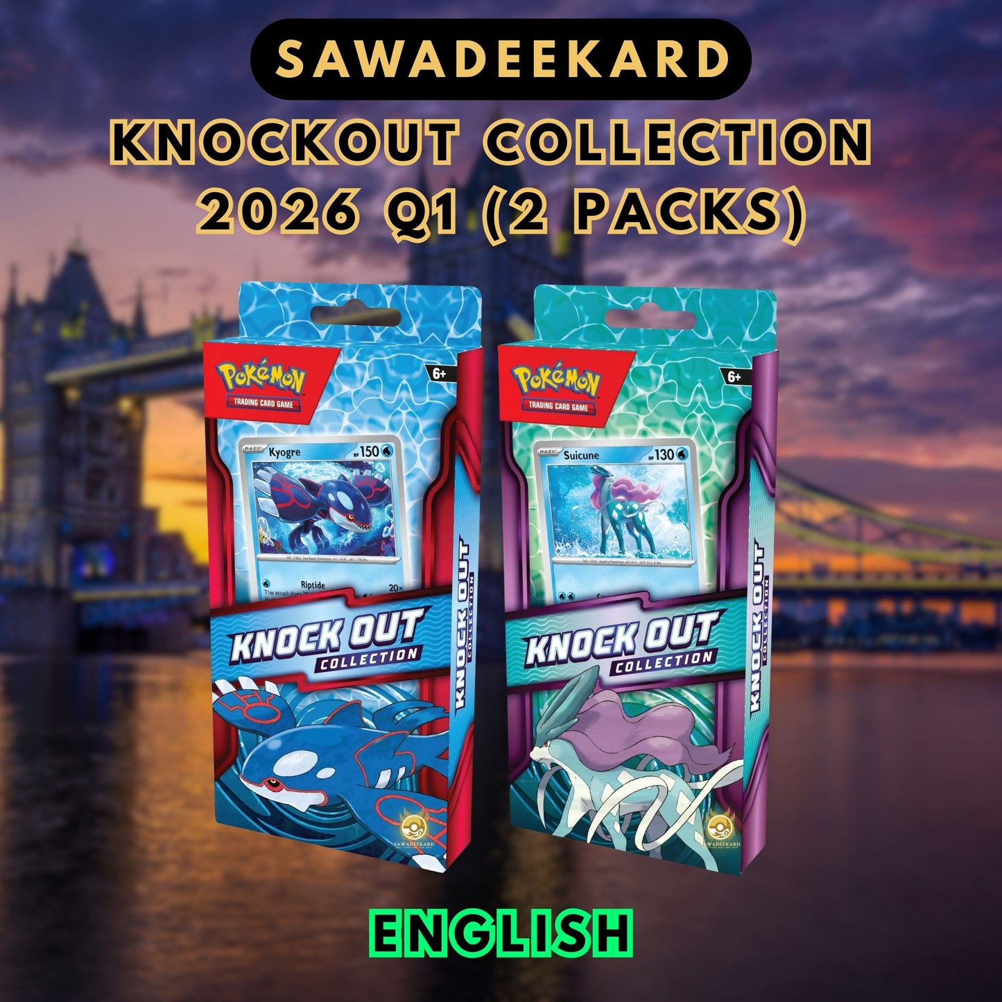 Pokemon TCG Knock Out Collection 2026 Q1 featuring Kyogre or Suicune foil promo card, sticker sheet, Twilight Masquerade booster pack and Surging Sparks booster pack