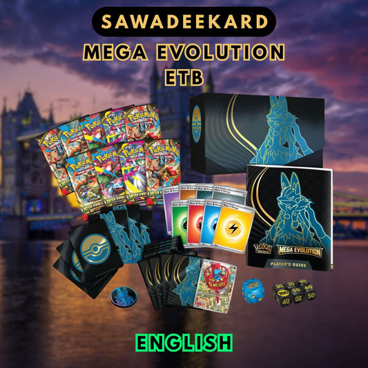 Pokemon TCG Mega Evolution Lucario Elite Trainer Box contents including 9 booster packs, Full Art Riolu promo card, card sleeves, energy cards, dice, dividers and storage box