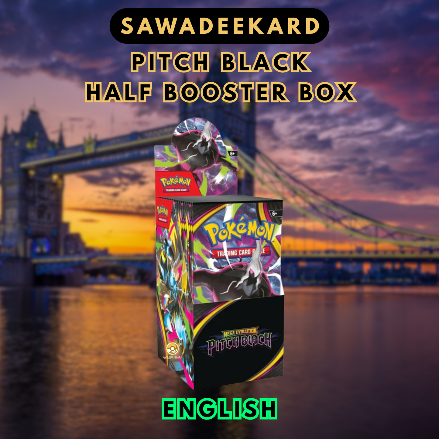 Pokemon TCG Mega Evolution Pitch Black Half Booster Box containing 18 booster packs featuring Mega Darkrai ex MHR Mega Darkrai ex SIR and Morpeko ex SIR