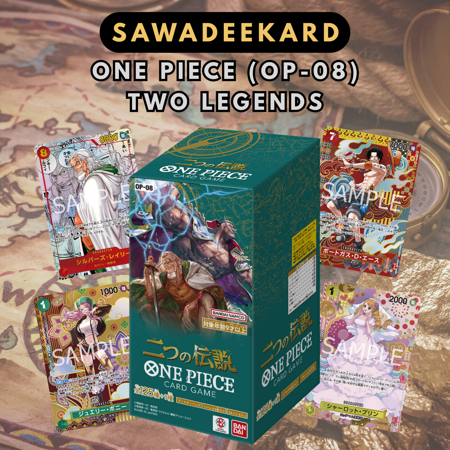 OP08 Two Legends Japanese One Piece Card Game Booster Box featuring Manga Rayleigh Manga Pudding Manga Chopper SP Charlotte Pudding SP Carrot SP Yamato and Treasure Rare Nami