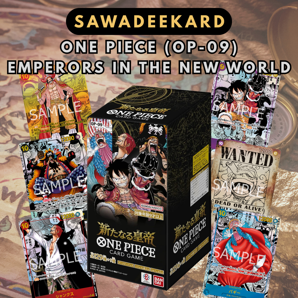 OP09 Emperors in the New World Japanese One Piece Card Game Booster Box featuring Manga Roger Manga Luffy Manga Shanks Manga Teach and Manga Buggy chase cards