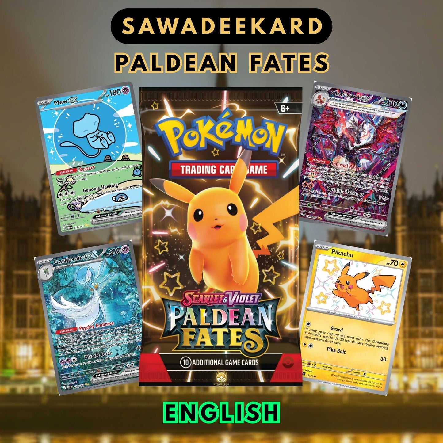 Pokemon TCG Scarlet and Violet Paldean Fates Booster Pack featuring Charizard ex SIR, Mew ex SIR, Gardevoir ex SIR and Iono SIR chase cards