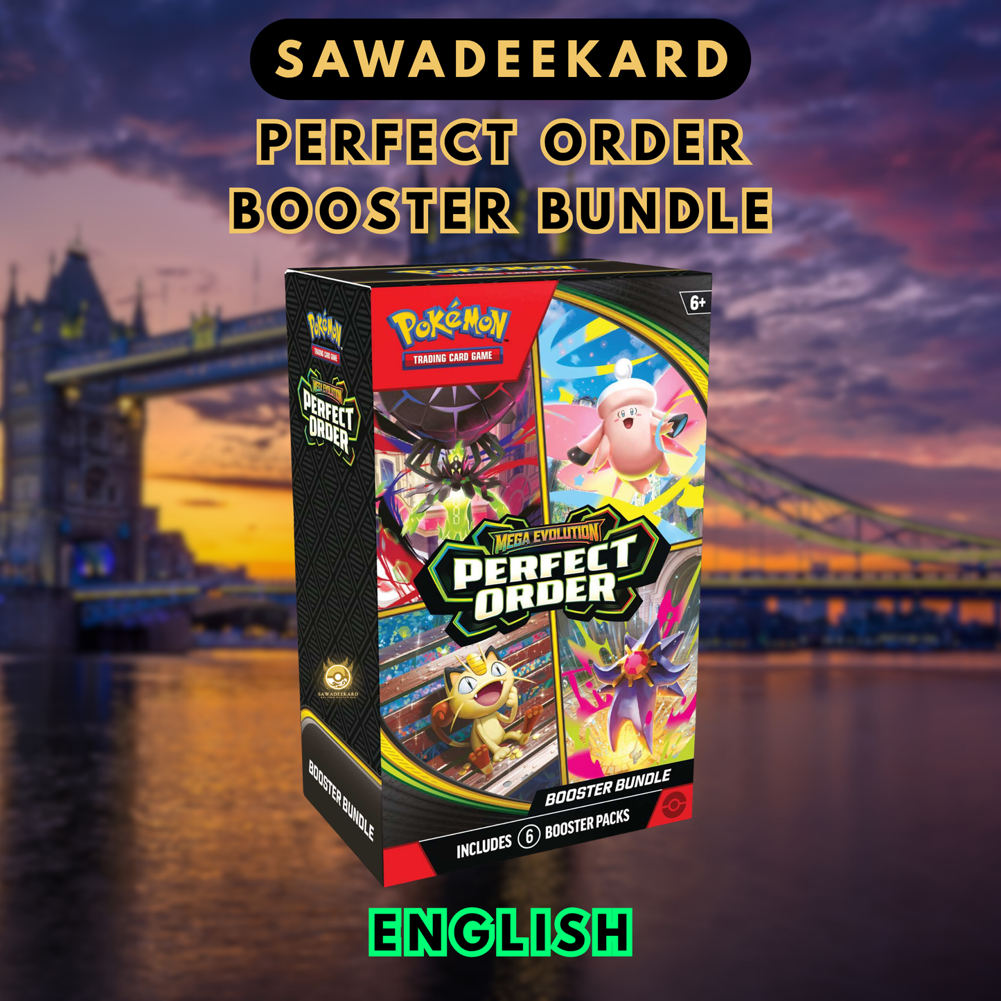 Pokemon TCG Perfect Order Booster Bundle containing 6 Perfect Order booster packs featuring Meowth SIR and Mega Zygarde MHR chase cards