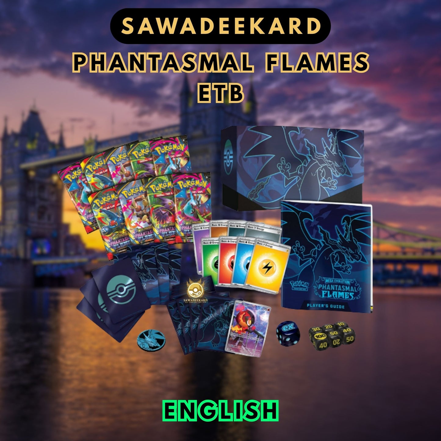 Pokemon TCG Phantasmal Flames Elite Trainer Box contents including 9 booster packs Full Art Charcadet promo card sleeves dice and accessories