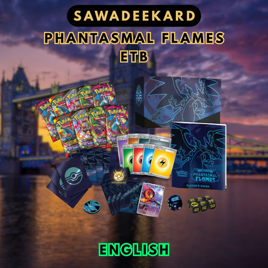 Pokemon TCG Phantasmal Flames Elite Trainer Box contents including 9 booster packs Full Art Charcadet promo card sleeves dice and accessories