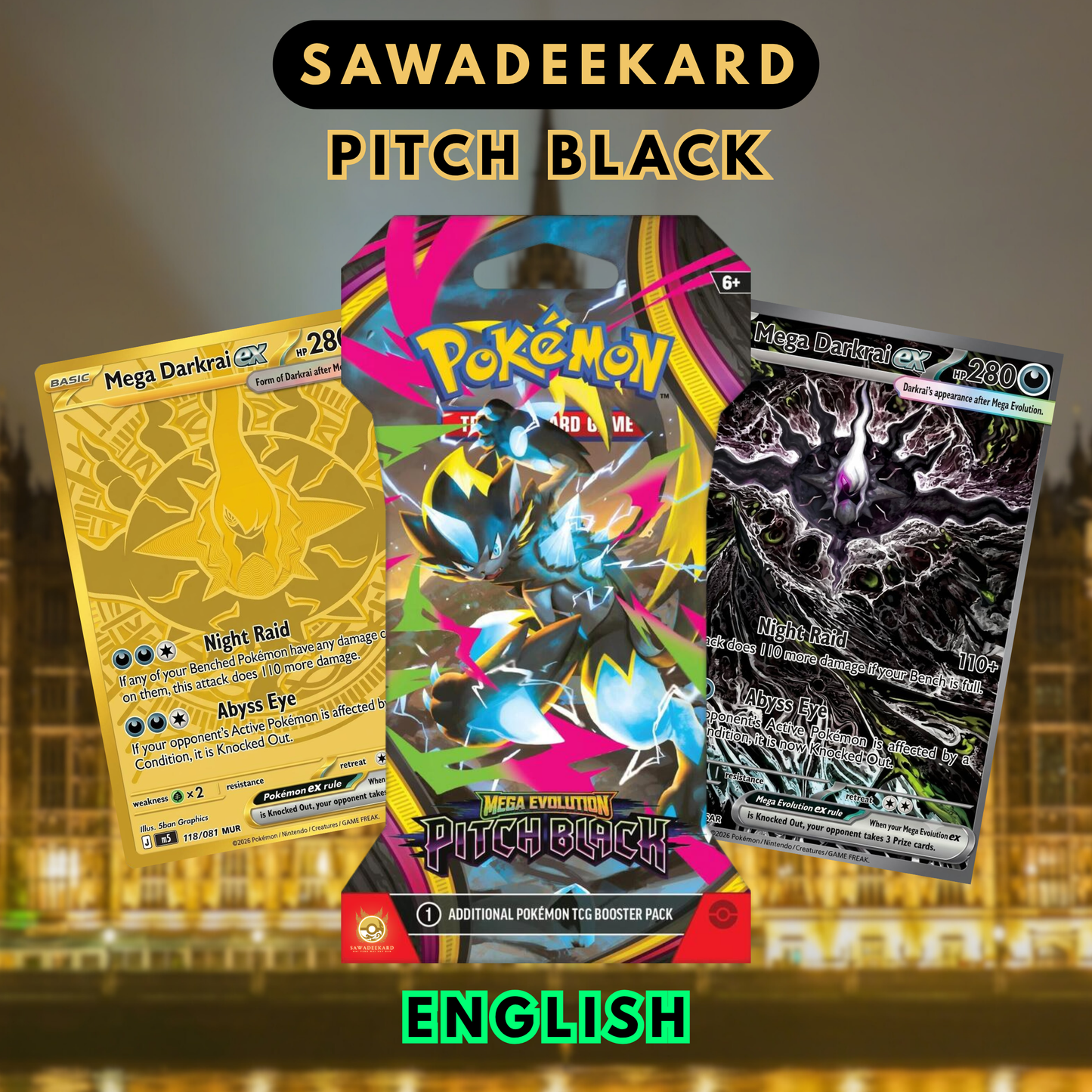 English Pokemon TCG Mega Evolution Pitch Black sleeved booster pack featuring Mega Darkrai ex expansion artwork