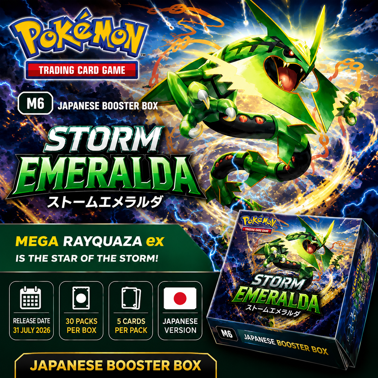 Pokémon Storm Emeralda M6 Japanese Booster Box featuring Mega Rayquaza ex artwork