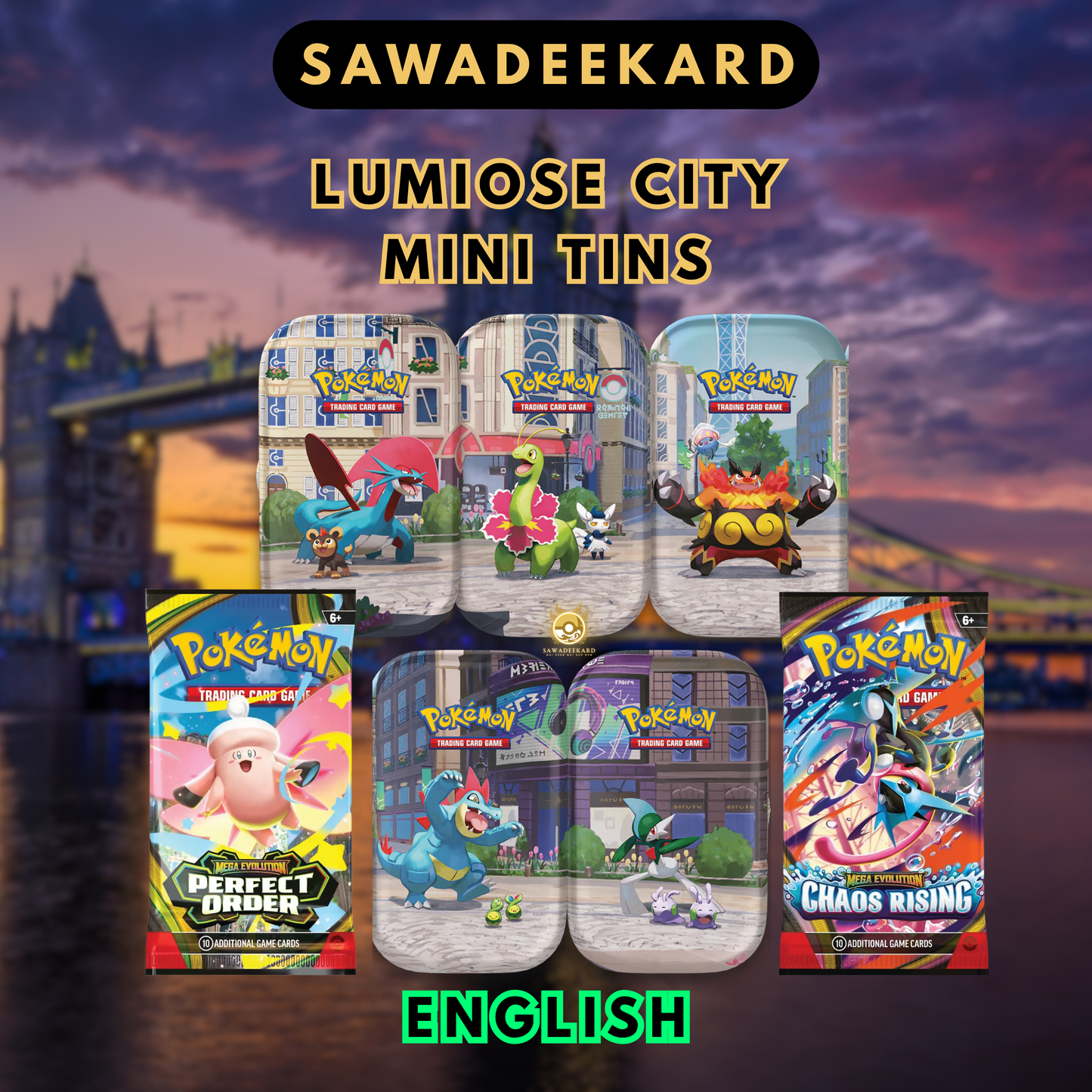 Pokemon TCG Lumiose City Mini Tin collection featuring 5 collectible designs with Perfect Order and Chaos Rising booster packs