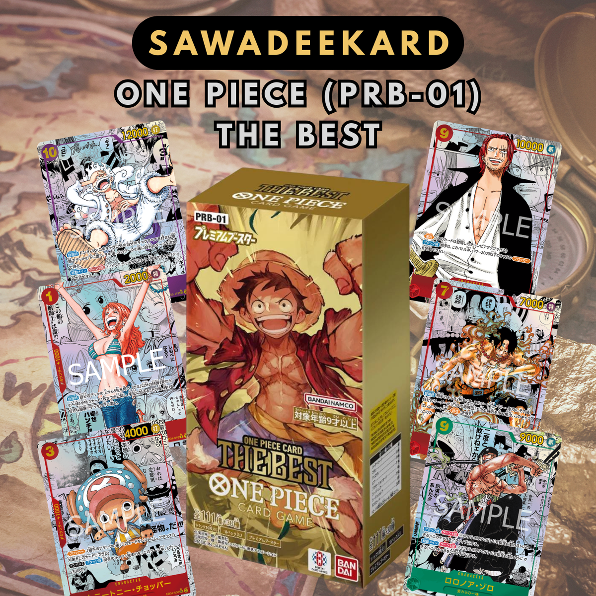 PRB01 The Best Premium Booster Japanese One Piece Card Game Booster Box featuring Manga Nami Manga Ace Manga Sabo Manga Law and Manga Kid chase cards