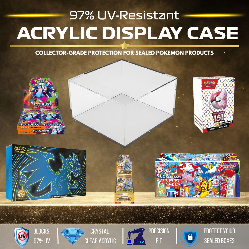 Premium UV resistant acrylic display case with 97 percent UV protection for sealed Pokemon booster boxes and collectible products