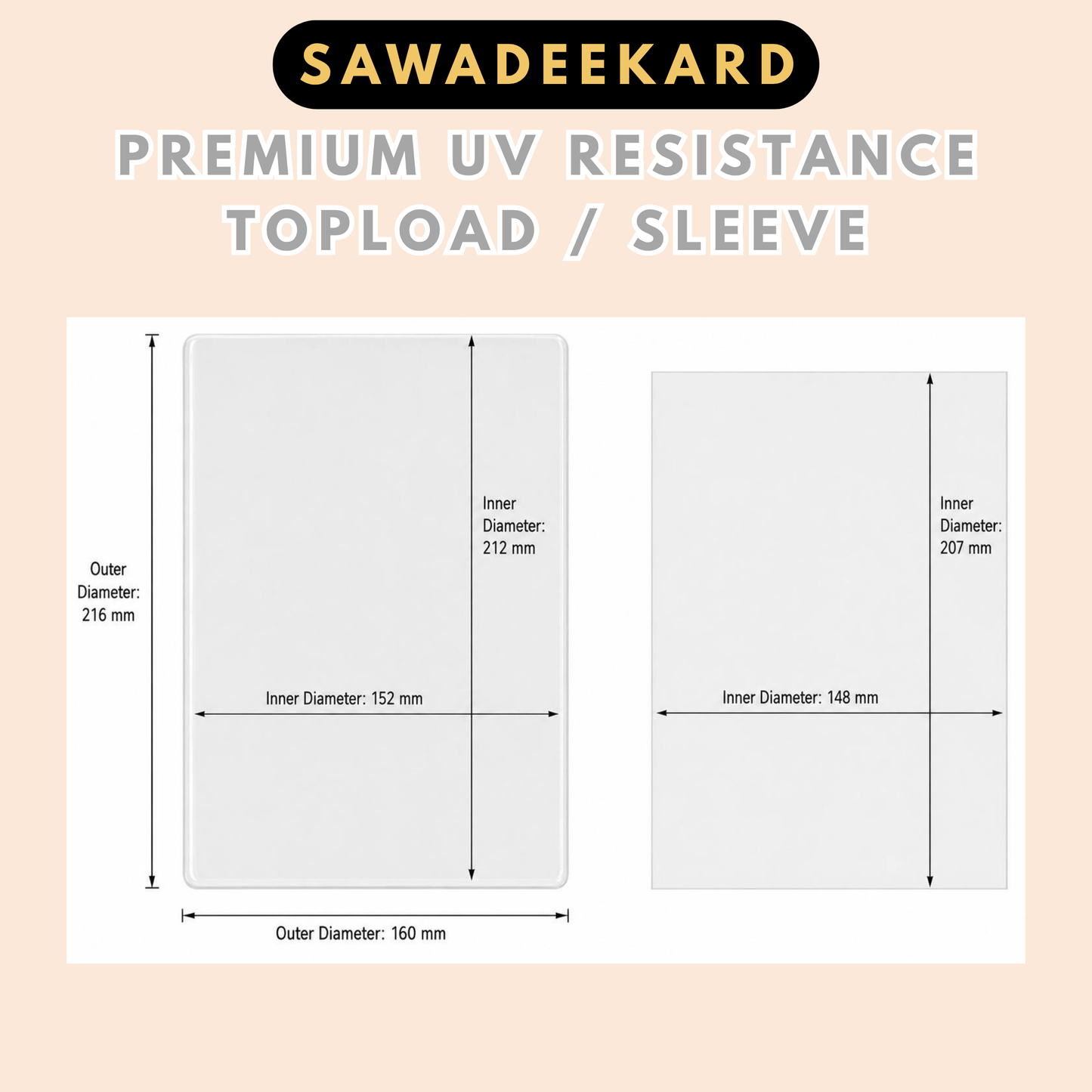Premium UV resistant Pokémon Jumbo card sleeve and toploader dimensions showing 148 × 207 mm sleeve, 152 × 212 mm inner size and 160 × 216 mm outer size.