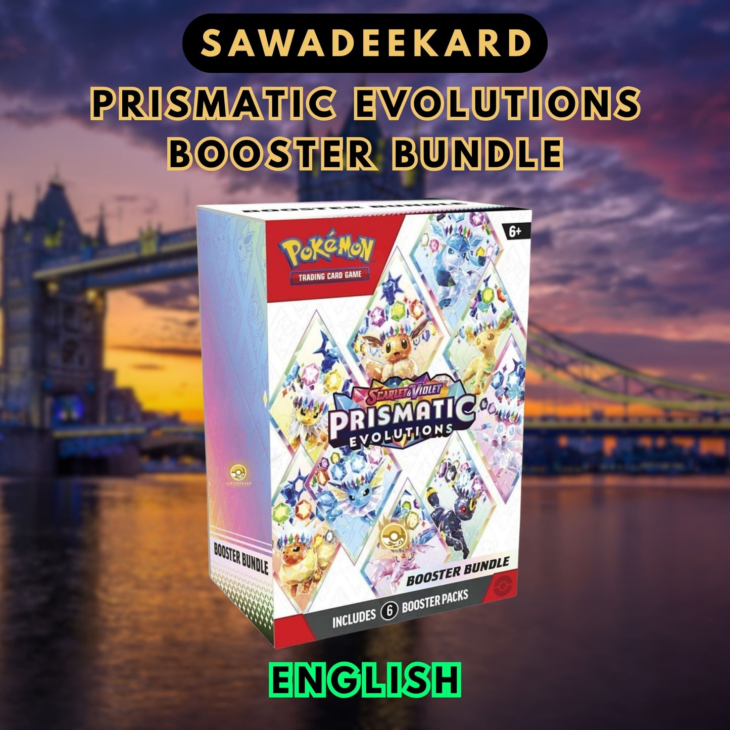 Pokemon TCG Scarlet and Violet Prismatic Evolutions Booster Bundle containing 6 booster packs featuring Umbreon ex SIR, Sylveon ex SIR and Eeveelution chase cards