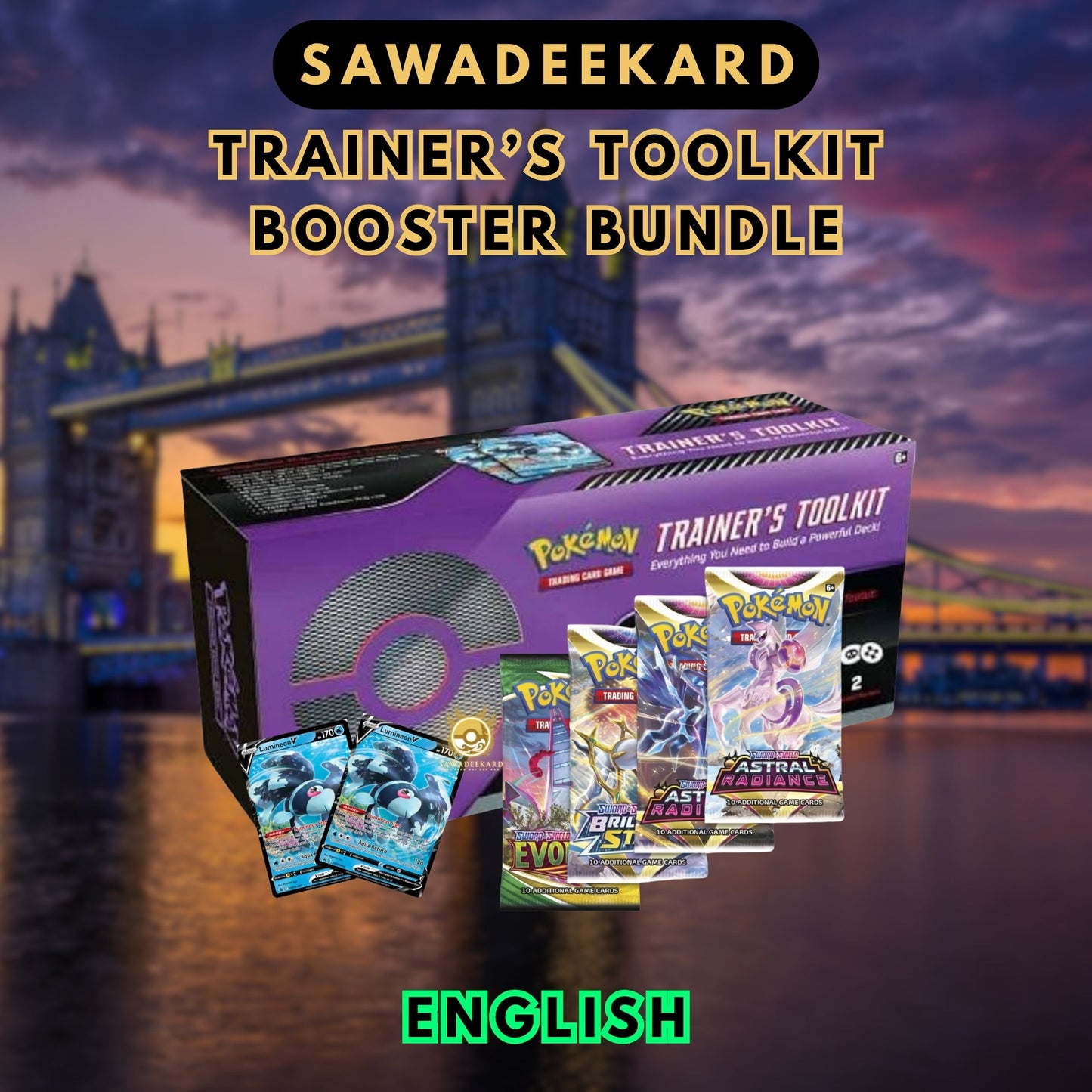 Pokemon TCG Trainer's Toolkit 2022 featuring Lumineon V promo cards, Ultra Ball, Quick Ball, Boss's Orders and booster packs from Evolving Skies, Brilliant Stars and Astral Radiance