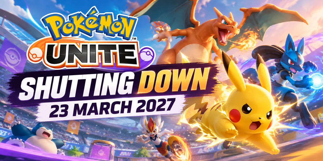 Pokémon UNITE shutting down on 23 March 2027, featuring Pikachu, Charizard, Lucario, Cinderace and Snorlax in an official end-of-service news banner.
