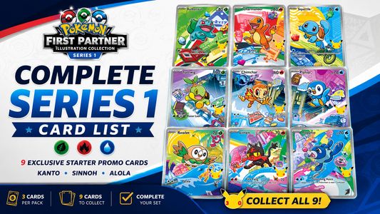 Complete First Partner Illustration Collection Series 1 card list featuring all 9 starter Pokémon promo cards including Bulbasaur, Charmander, Squirtle, Turtwig, Chimchar, Piplup, Rowlet, Litten and Popplio.