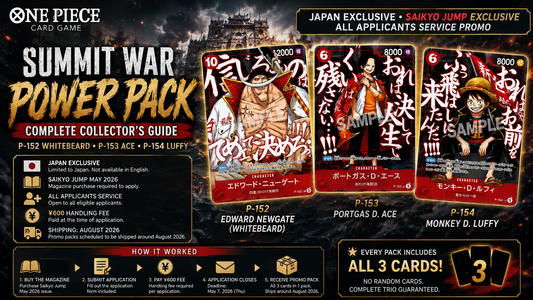 One Piece Summit War Power Pack complete collector's guide featuring the official P-152 Whitebeard, P-153 Ace and P-154 Luffy Saikyo Jump exclusive promo cards.