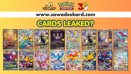 Overview collage featuring all 34 leaked Pokémon 30th Anniversary cards from the upcoming Pokémon TCG: 30th Celebration expansion, including Pikachu ex, Umbreon ex, Espeon ex, Mew ex and Gengar ex.
