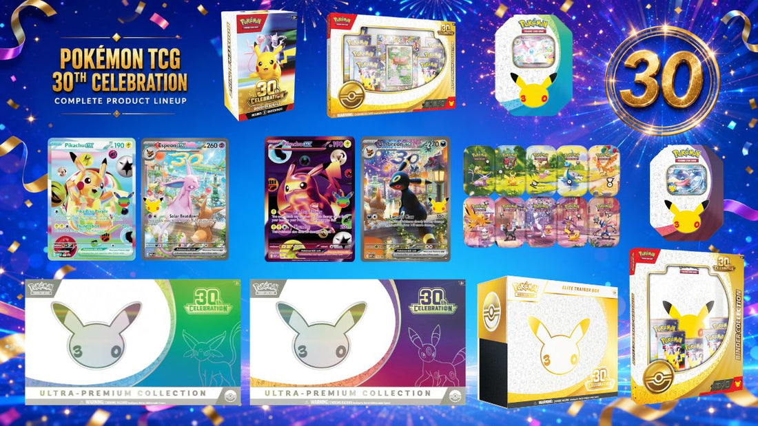 Pokémon TCG 30th Celebration product lineup hero with a festive anniversary design