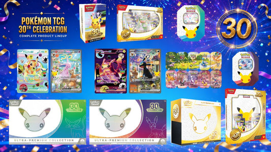 Pokémon TCG 30th Celebration product lineup hero with a festive anniversary design