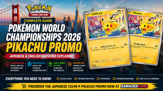 Pokémon World Championships 2026 Pikachu Promo featuring the Japanese 133/M-P and English versions with San Francisco-inspired artwork.