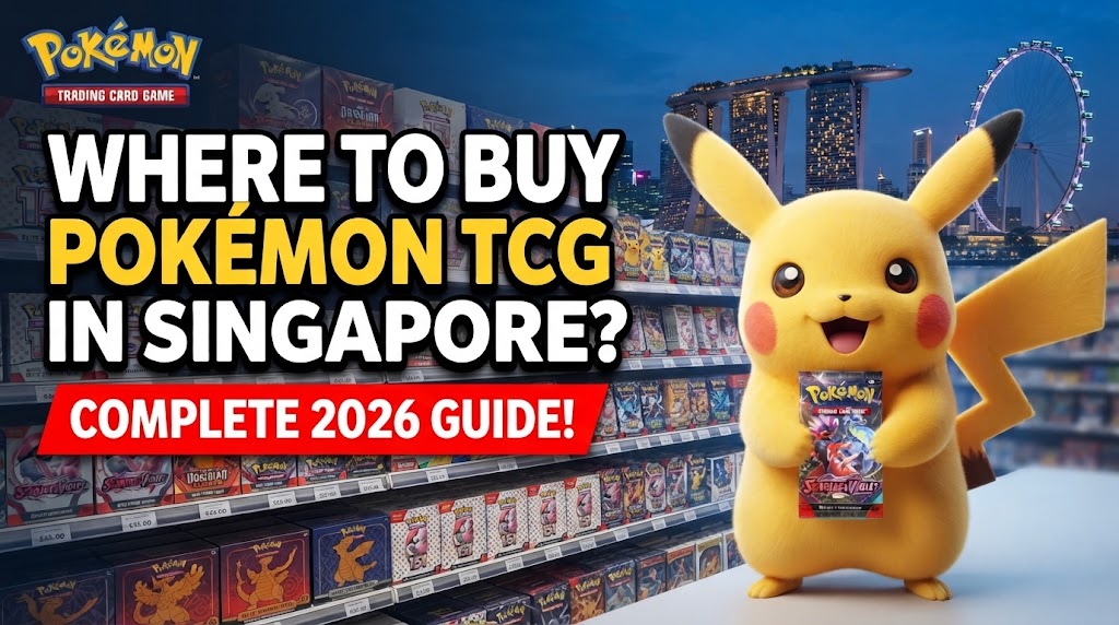 Pikachu holding a Pokémon TCG booster pack in front of a card shop shelf with a Singapore skyline background, illustrating a complete guide on where to buy Pokémon cards in Singapore.