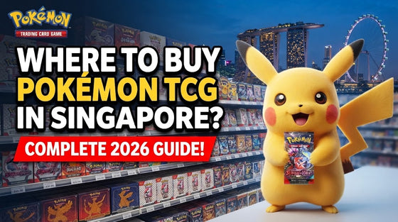 Pikachu holding a Pokémon TCG booster pack in front of a card shop shelf with a Singapore skyline background, illustrating a complete guide on where to buy Pokémon cards in Singapore.