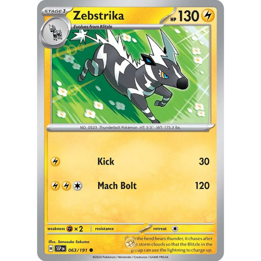 [ENG] Pokemon SV08 Surging Sparks: 063/191 Zebstrika [Lightning] [C - Common] (Non-foil)