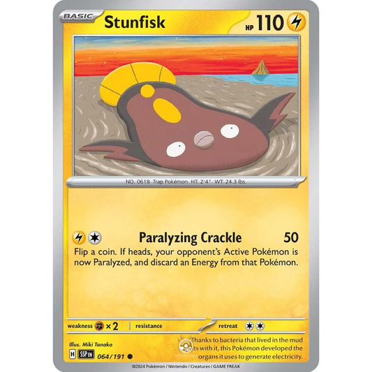 [ENG] Pokemon SV08 Surging Sparks: 064/191 Stunfisk [Lightning] [C - Common] (Non-foil)