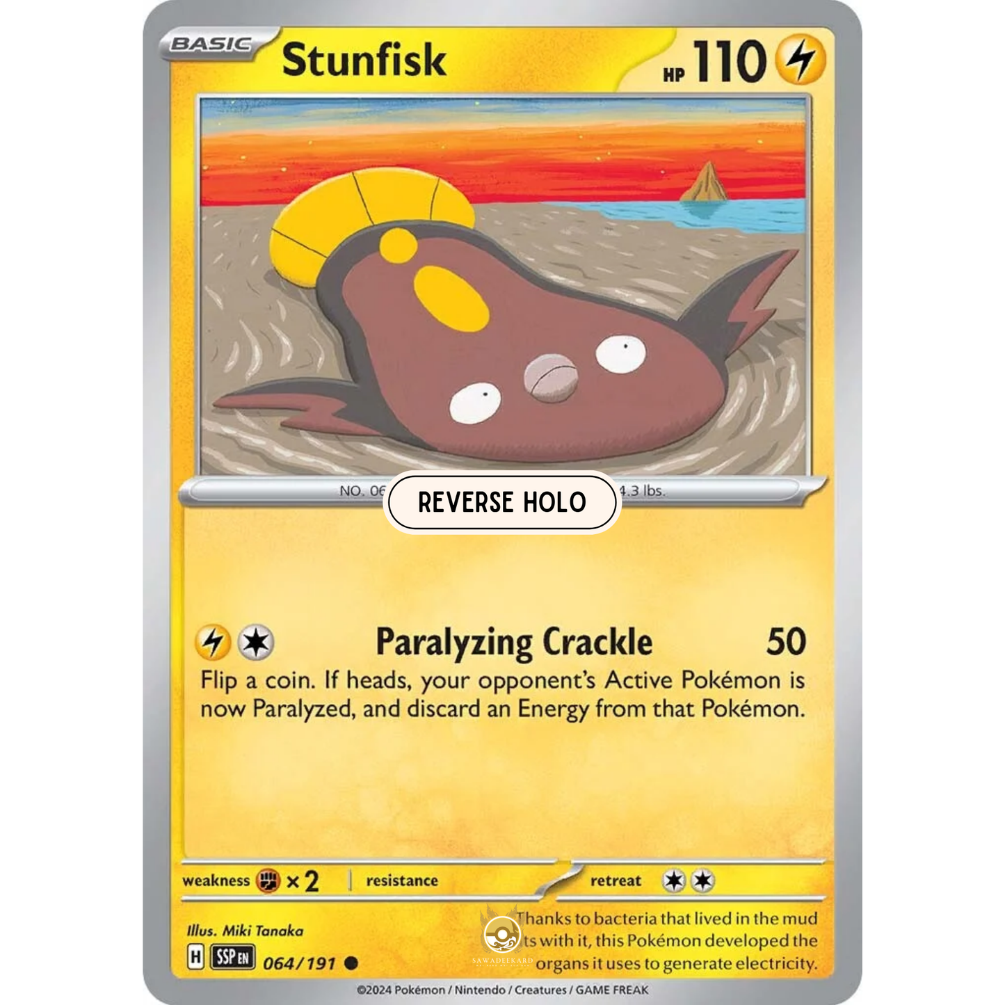 [ENG] Pokemon SV08 Surging Sparks: 064/191 Stunfisk [Lightning] [C - Common] (Reverse Holo)
