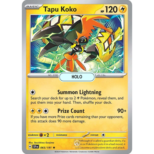 [ENG] Pokemon SV08 Surging Sparks: 065/191 Tapu Koko [Lightning] [R - Rare] (Foil)