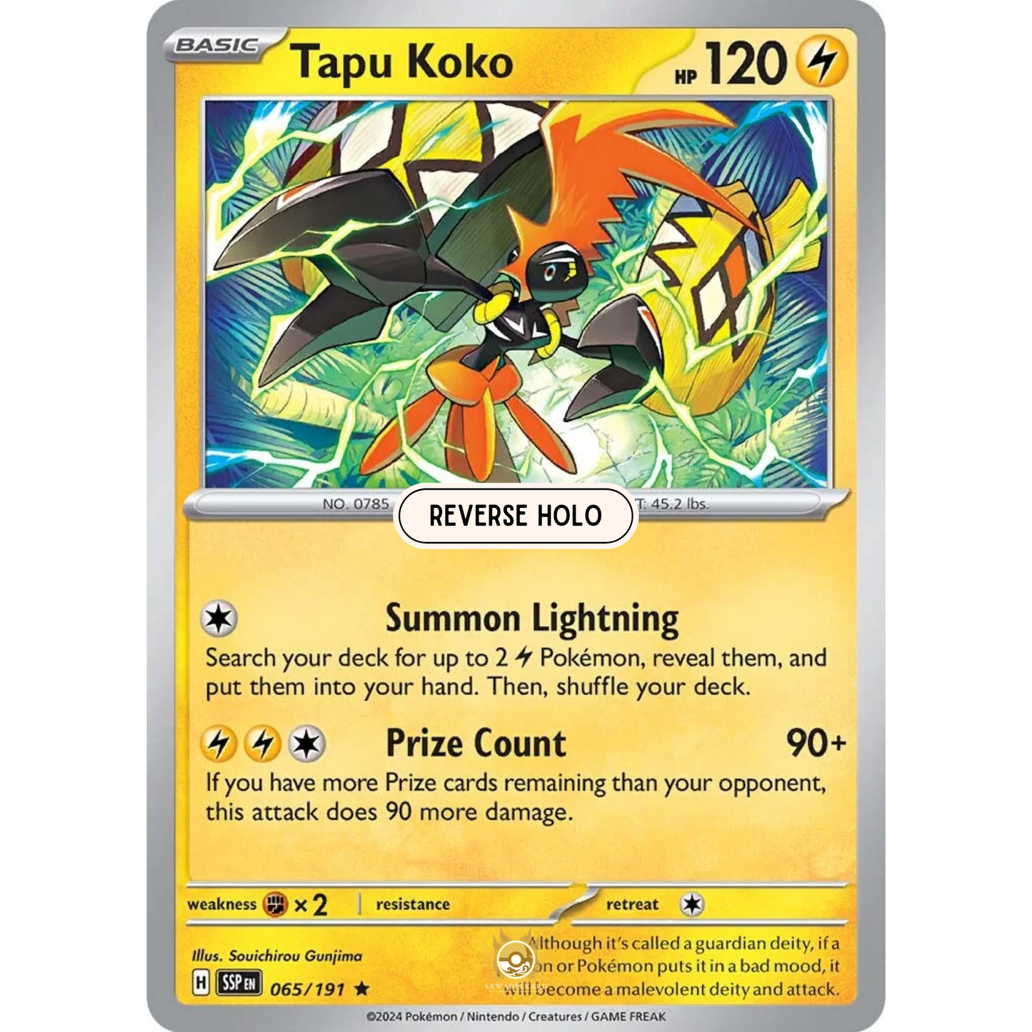 [ENG] Pokemon SV08 Surging Sparks: 065/191 Tapu Koko [Lightning] [R - Rare] (Reverse Holo)