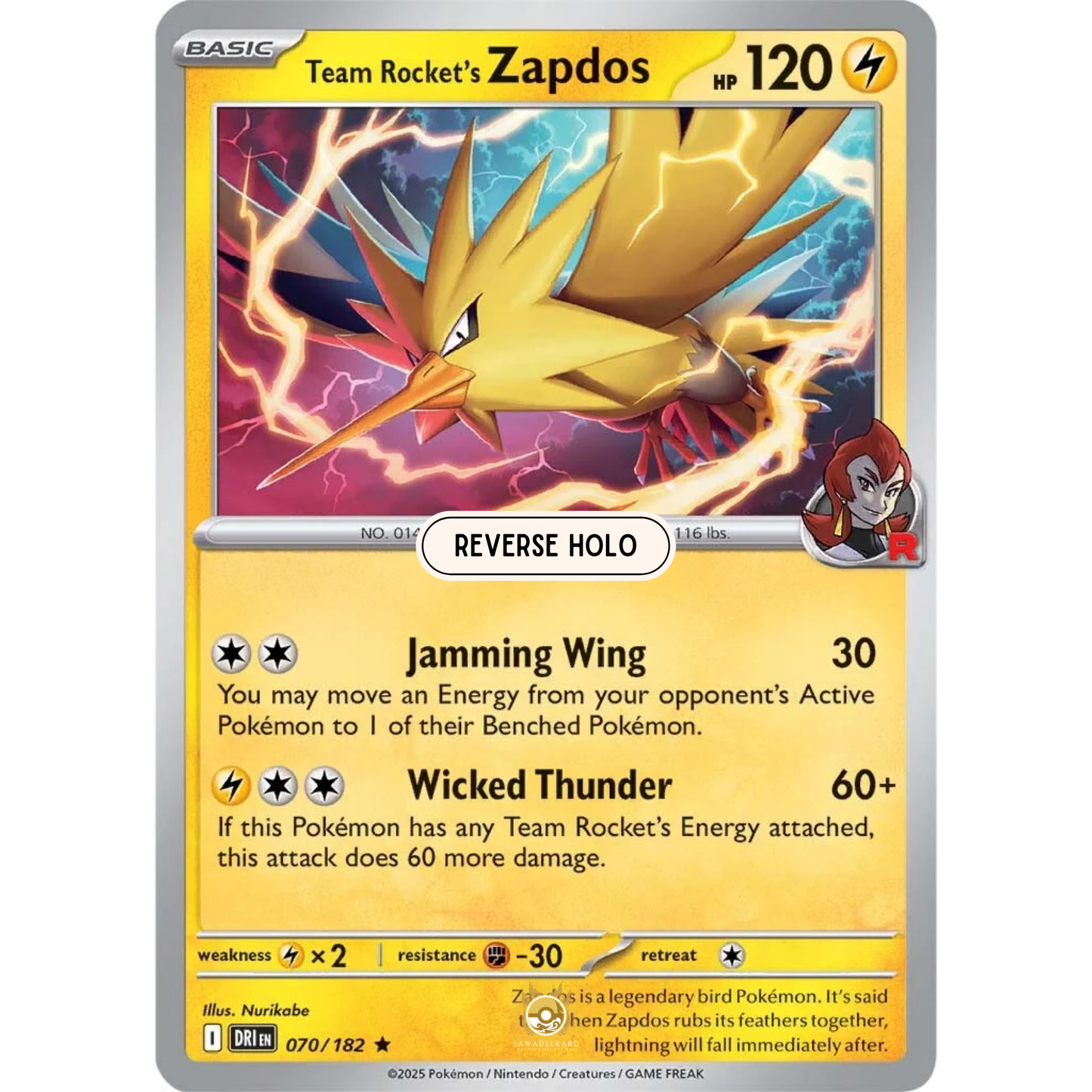[ENG] Pokemon SV10 Destined Rivals: 070/182 Team Rocket's Zapdos [Lightning] [R - Rare] (Reverse Holo)