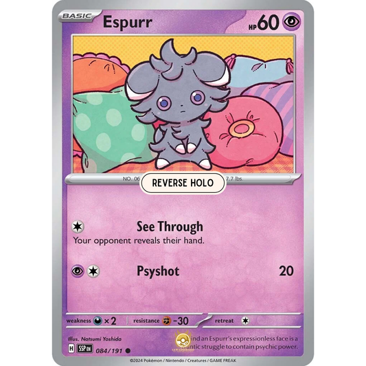 [ENG] Pokemon SV08 Surging Sparks: 084/191 Espurr [Psychic] [C - Common] (Reverse Holo)