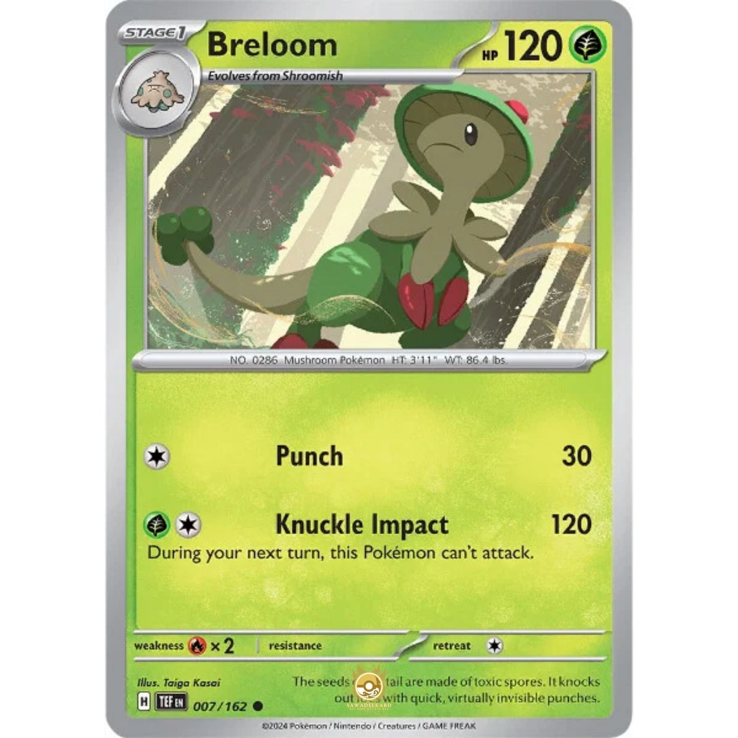 [ENG]	SV05	Temporal Forces:	007/162	Breloom	[Grass]	[C - Common]	(Non-Foil)