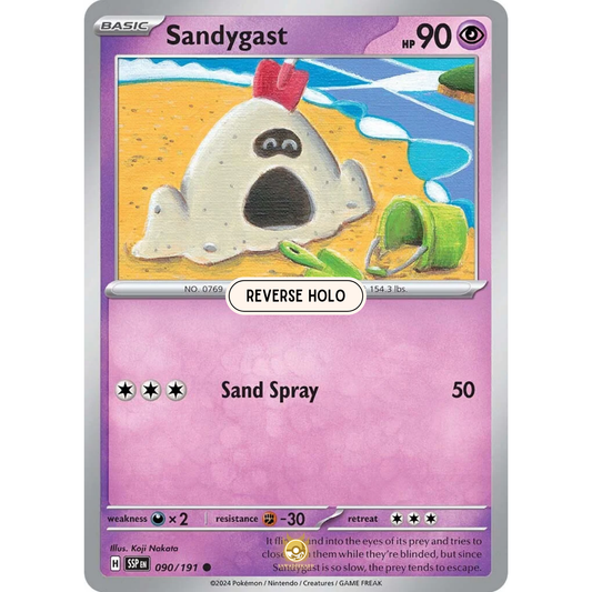 [ENG] Pokemon SV08 Surging Sparks: 090/191 Sandygast [Psychic] [C - Common] (Reverse Holo)