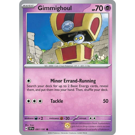 [ENG] Pokemon SV08 Surging Sparks: 097/191 Gimmighoul [Psychic] [C - Common] (Non-foil)