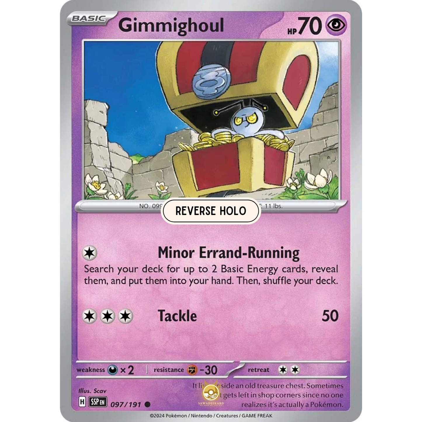 [ENG] Pokemon SV08 Surging Sparks: 097/191 Gimmighoul [Psychic] [C - Common] (Reverse Holo)