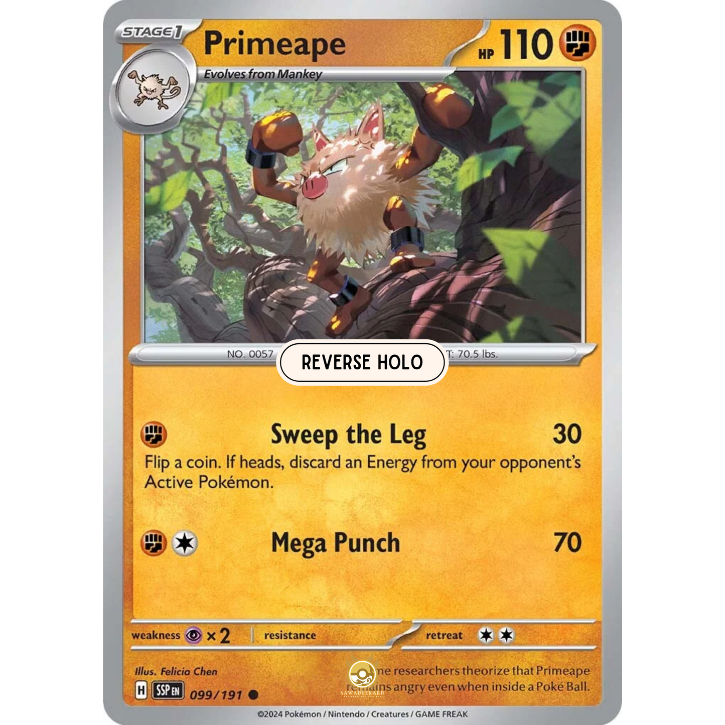 [ENG] Pokemon SV08 Surging Sparks: 099/191 Primeape [Fighting] [C - Common] (Reverse Holo)
