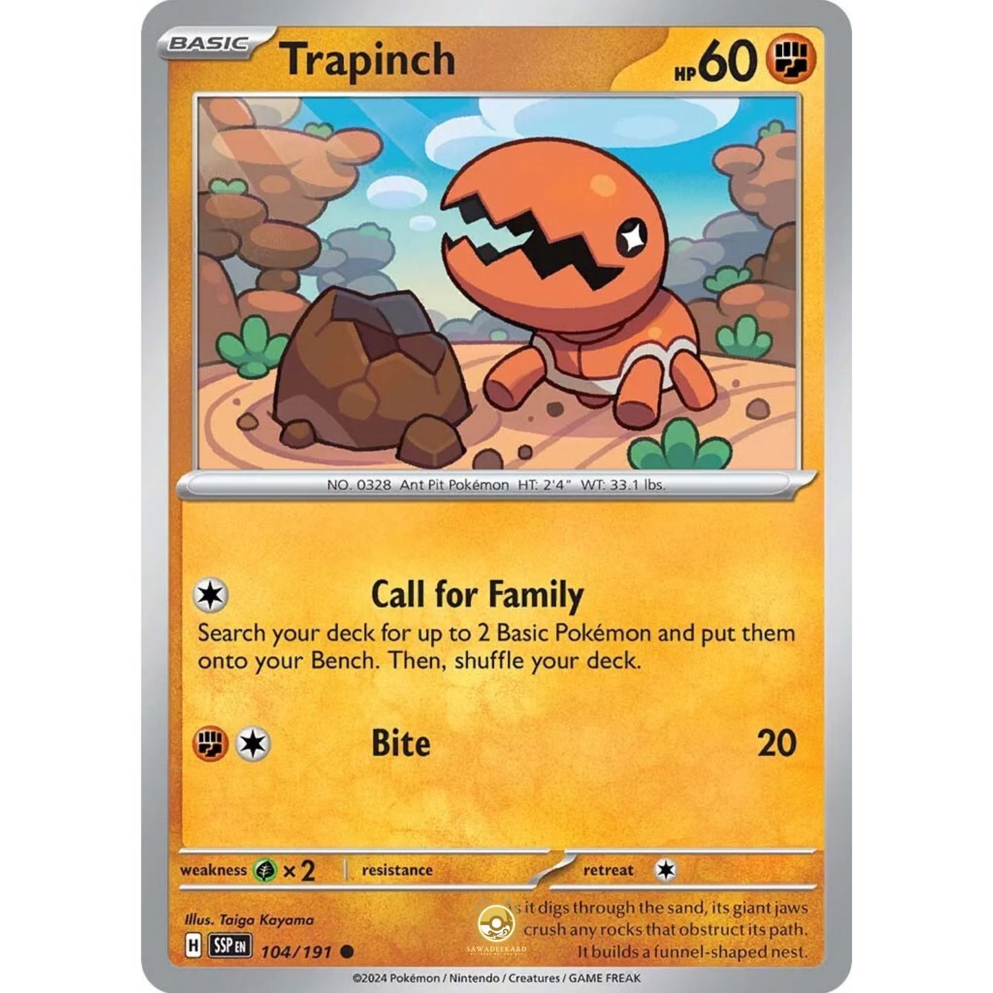 [ENG] Pokemon SV08 Surging Sparks: 104/191 Trapinch [Fighting] [C - Common] (Non-foil)