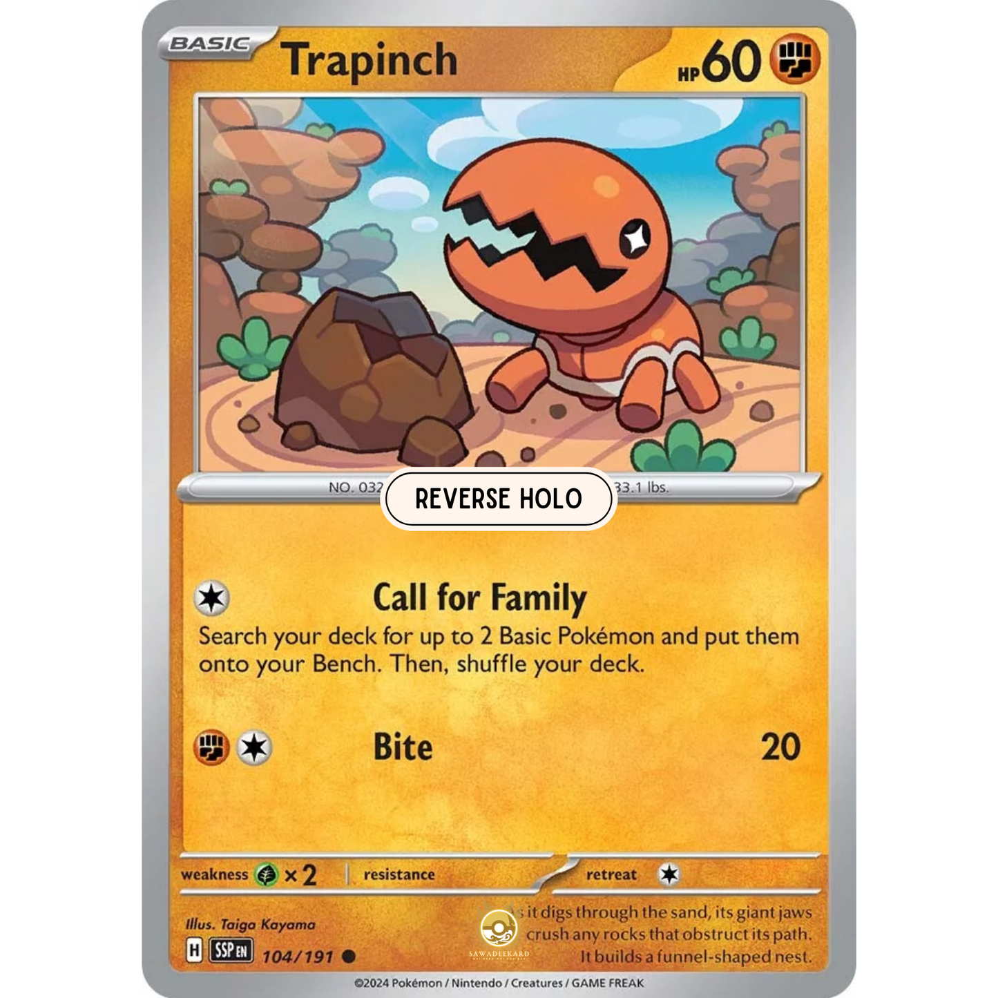 [ENG] Pokemon SV08 Surging Sparks: 104/191 Trapinch [Fighting] [C - Common] (Reverse Holo)