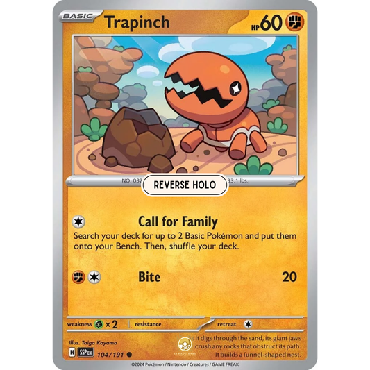 [ENG] Pokemon SV08 Surging Sparks: 104/191 Trapinch [Fighting] [C - Common] (Reverse Holo)
