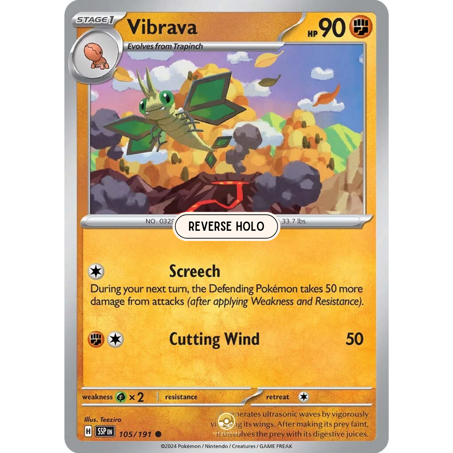 [ENG] Pokemon SV08 Surging Sparks: 105/191 Vibrava [Fighting] [C - Common] (Reverse Holo)